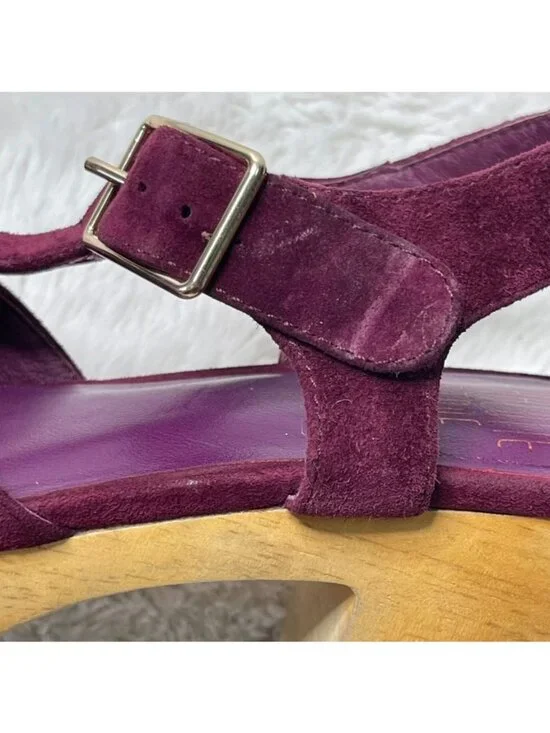 Charlotte Stone Maud T-Strap Clogs Burgundy Suede Wooden Platform Heels Size 8 - Picture 10 of 16